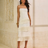 Vestido Midi Alfaiataria Glam com Barra de Franjas
