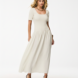 Vestido Midi em Malha Canelada com Saia Fluida