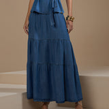 Saia Jeans Maxi com Faixa