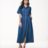 Vestido Chemise Midi em Denim Leve