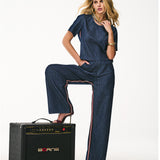 T-shirt Jeans com Faixa Lateral Tricolor