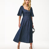 Vestido Midi Jeans com Mangas Evasê