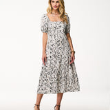 Vestido Midi Animal Print com Mangas Bufantes