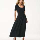 Vestido Midi em Malha Canelada com Saia Fluida