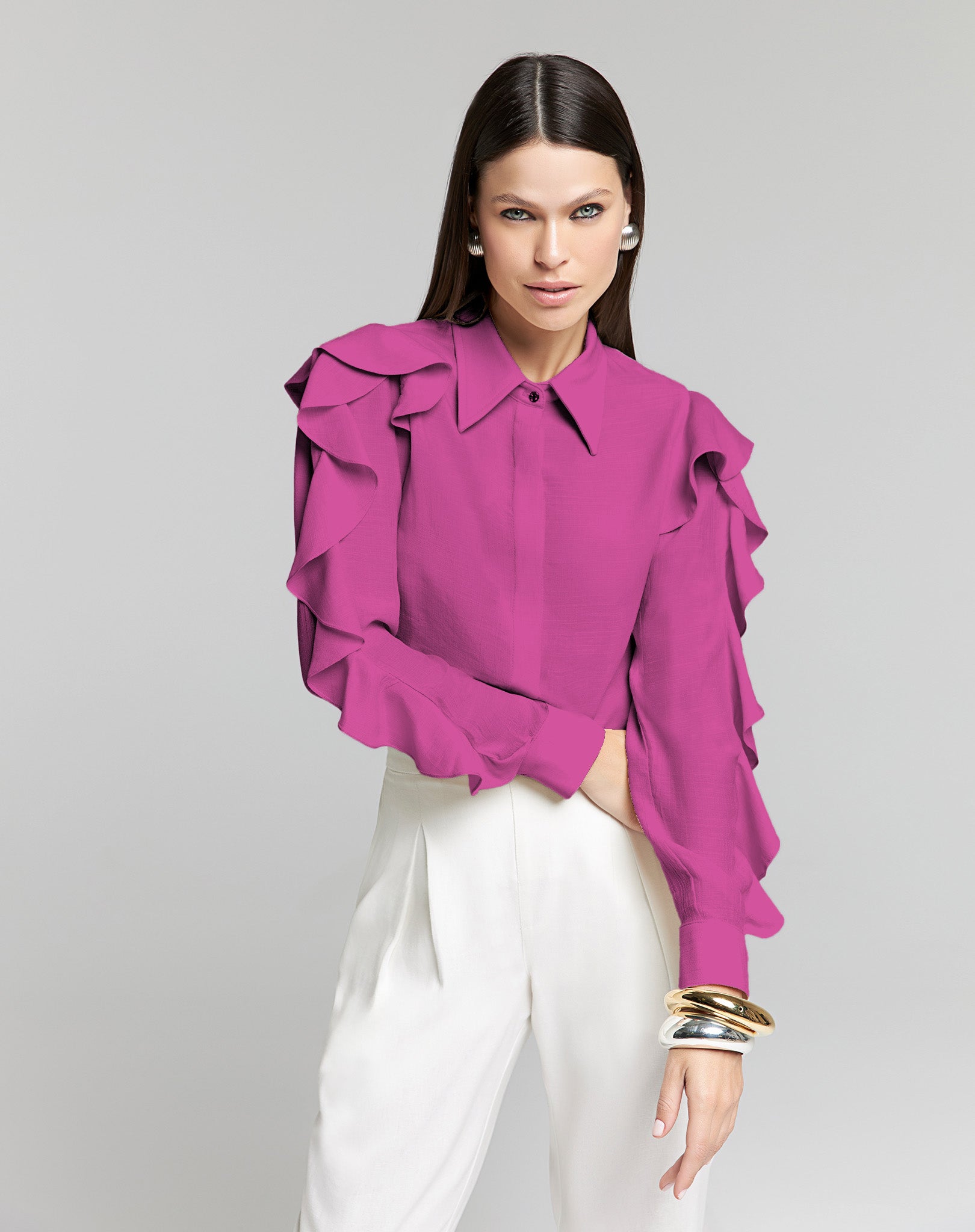 Camisa Feminina Manga com Babado