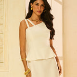 Vestido Midi Peplum com Recortes no Ombro Off White
