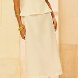 Vestido Midi Peplum com Recortes no Ombro Off White