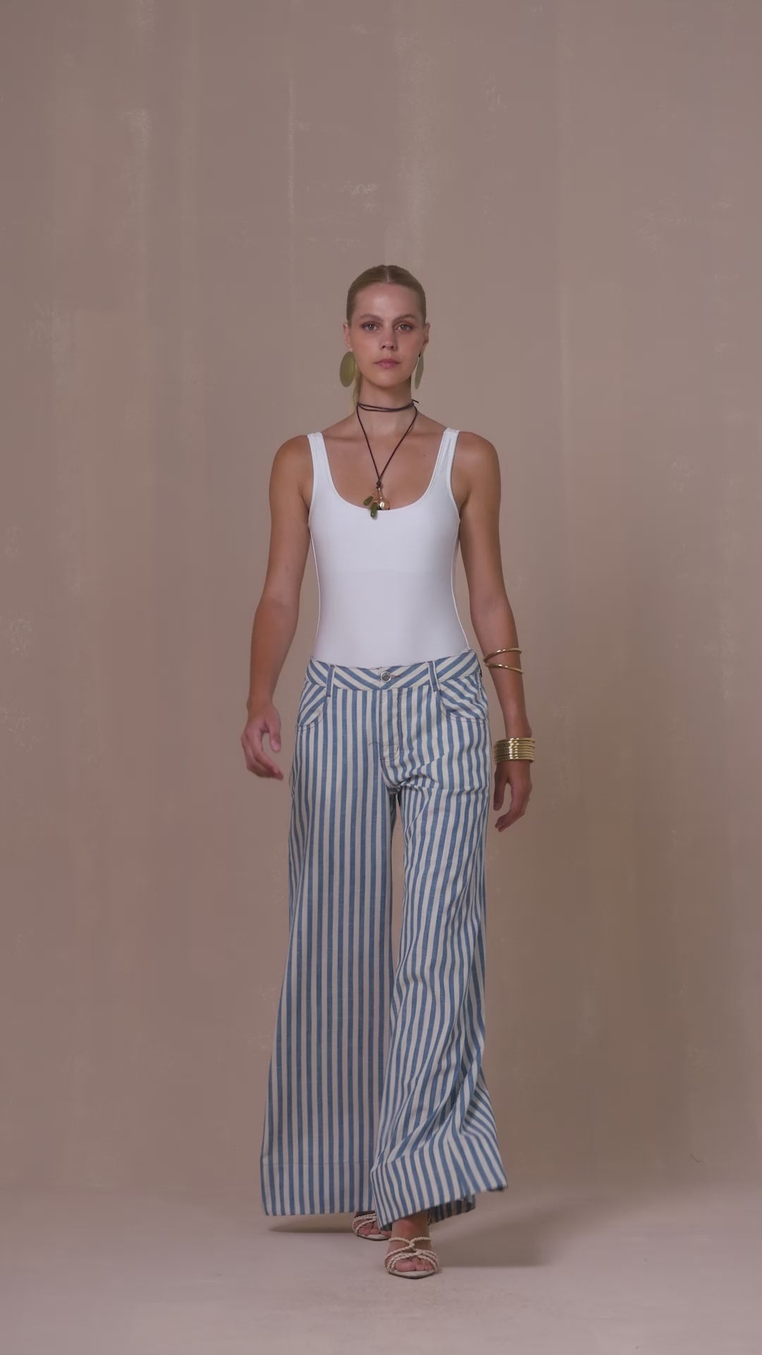 Calça Pantalona Listrada Náutica em Algodão